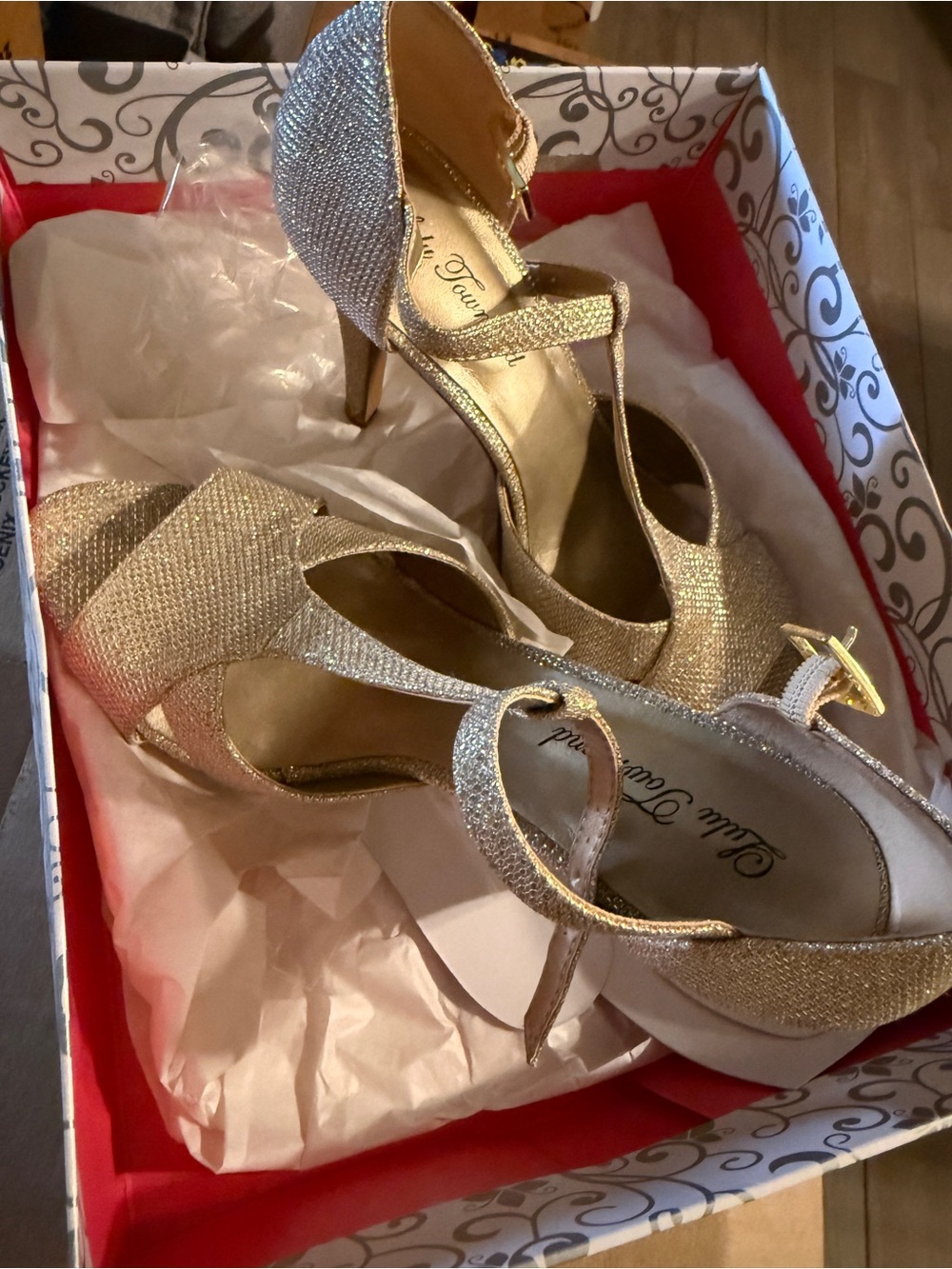 Gold Glitter T-Strap High Heel Sandals - Elegant Evening Shoes